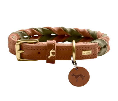 Hunter Hundhalsband Solid Education Duo Cow Leather Cognac/Olivgrön S-M 50cm