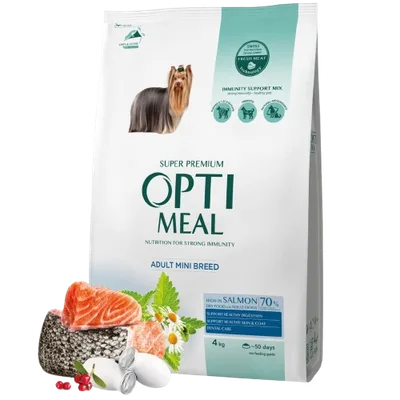 Optimeal Complete dry pet food for adult dogs of miniature breeds high in salmon, 4 kg