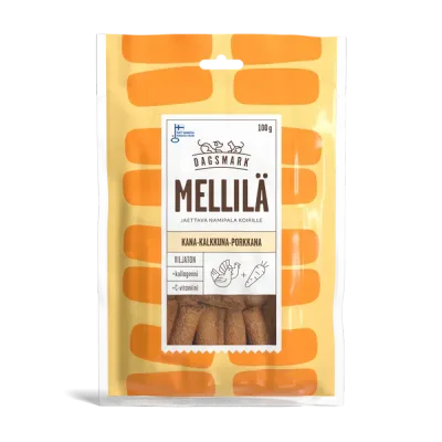 Dagsmark Mellilä kyckling-, kalkon- och morotsgodis 100 g för hundar